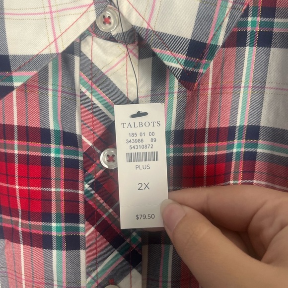 New Talbots Festive Party Plaid Button Front Blouse, metallic Ladies Size 2x - Picture 5 of 5